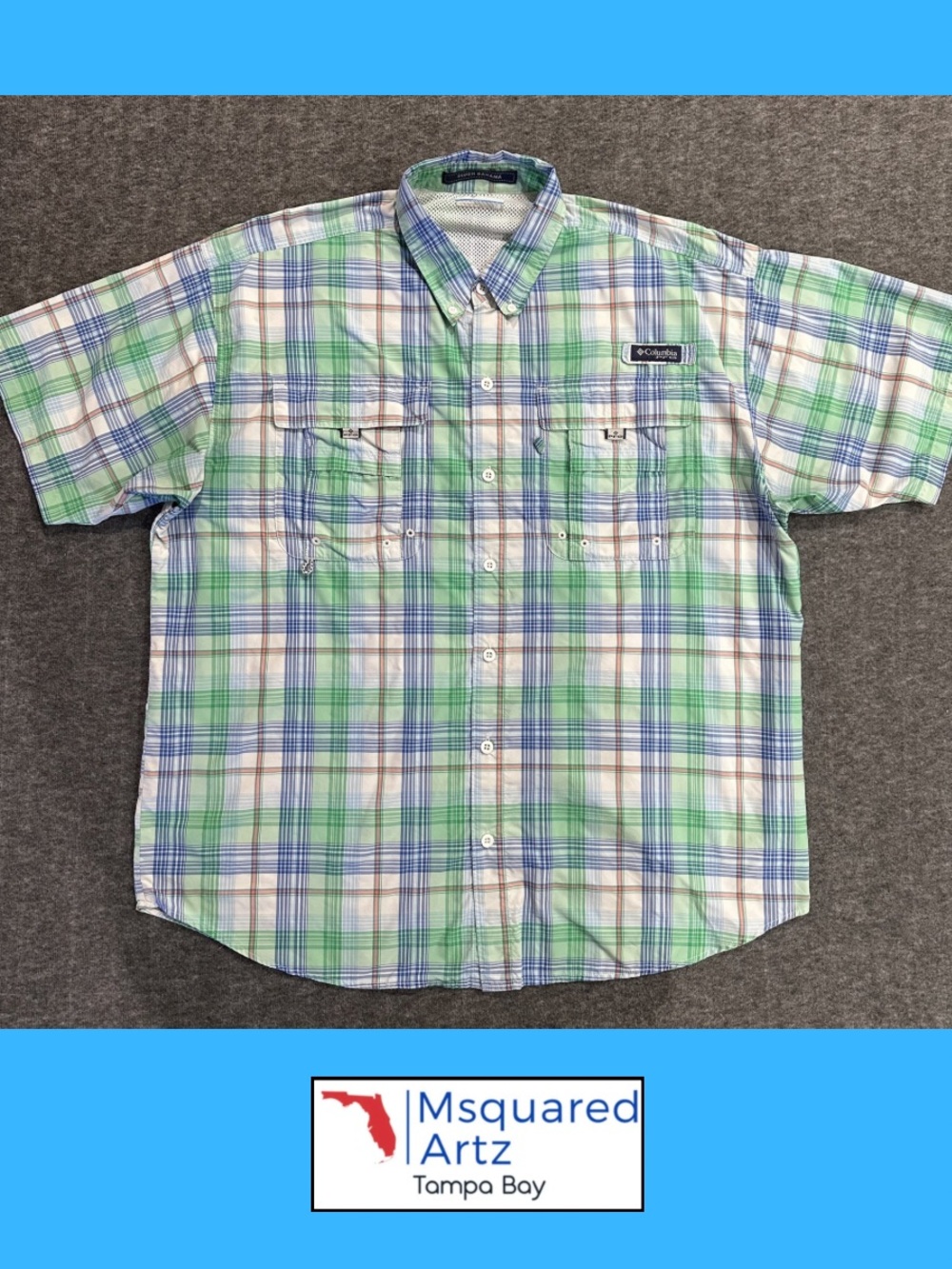 Columbia PFG Super Bahama Plaid Fishing Shirt Mens Large Green Blue